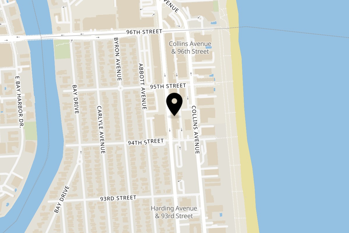 Map showing the location of Roast on 9441 Harding Ave in Surfside